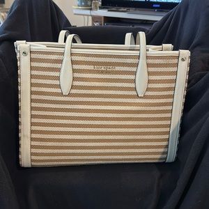 Kate spade market, striped medium tote, beige, and light brown together, shoulde